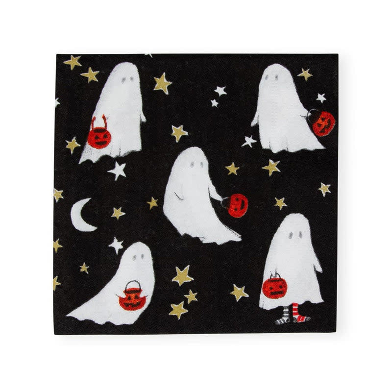 Packaging for Ghoul's Night Out cocktail napkins featuring a spooky Halloween ghost pattern on white triple-ply paper.