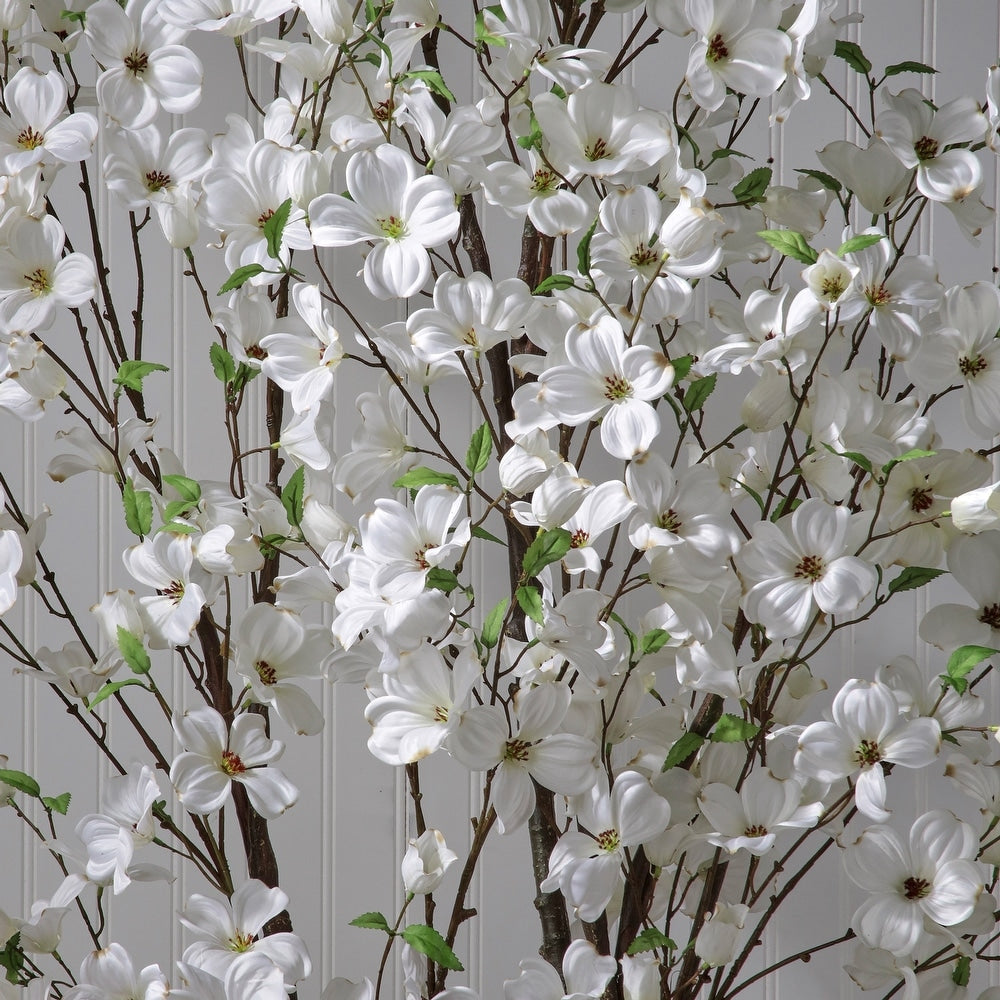 Artificial Southern Dogwood tree with lifelike pink blossoms and green foliage in a starter pot.