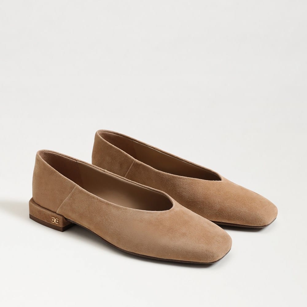 Kasey Square Toe Ballet Flat in tan suede with a low block heel and gold logo detail.