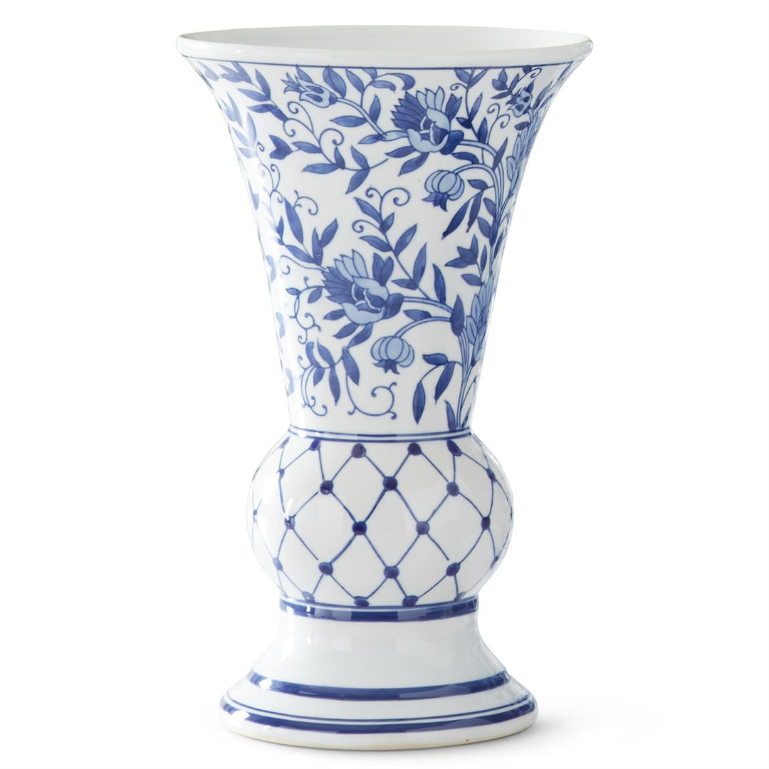 Tall blue ceramic vase with white fluted Chinoiserie pattern