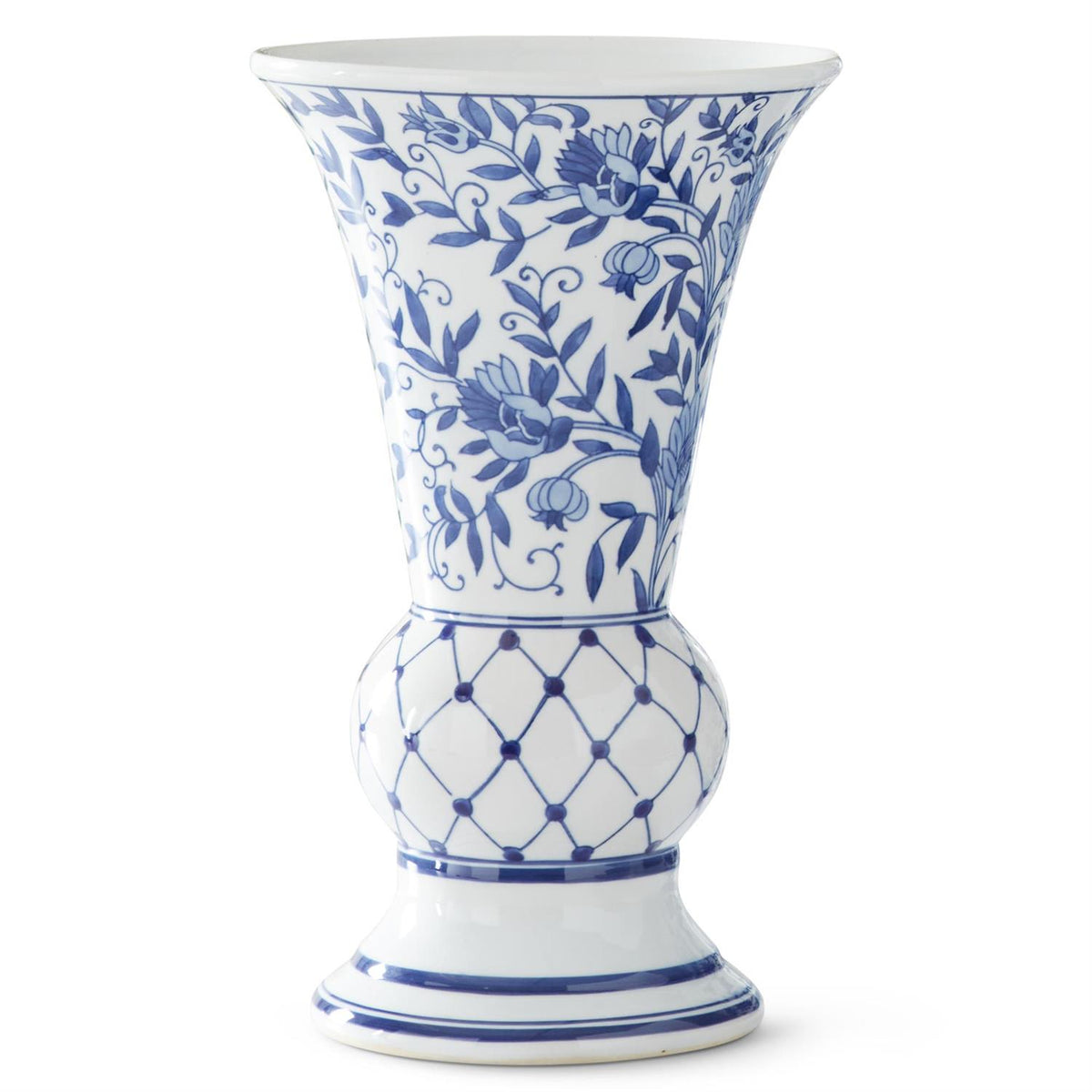 Tall blue ceramic vase with white fluted Chinoiserie pattern