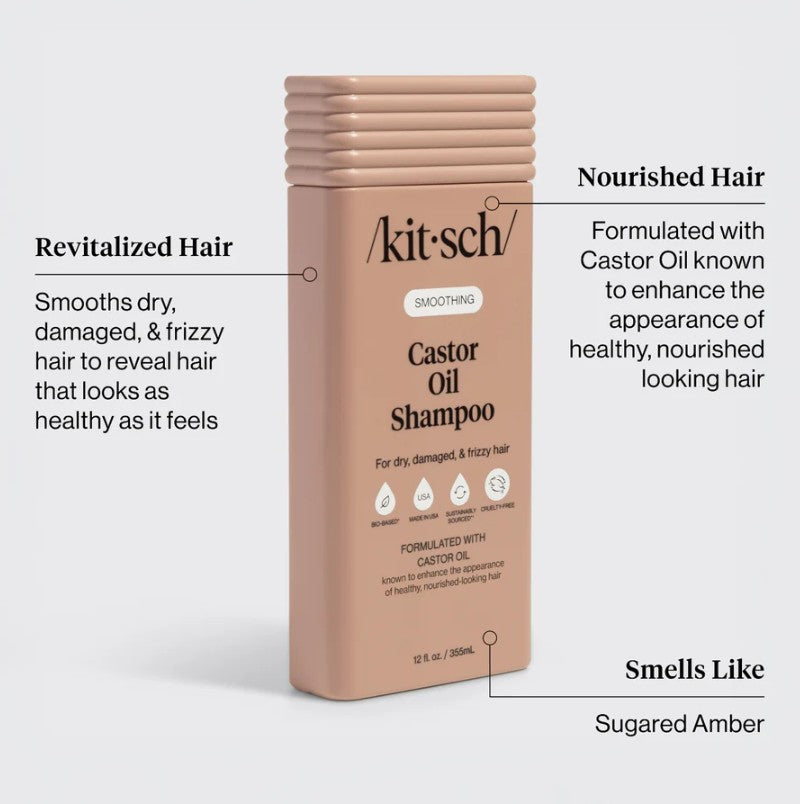 Bottle of Smoothing Castor Oil Shampoo with a white label on clear packaging.