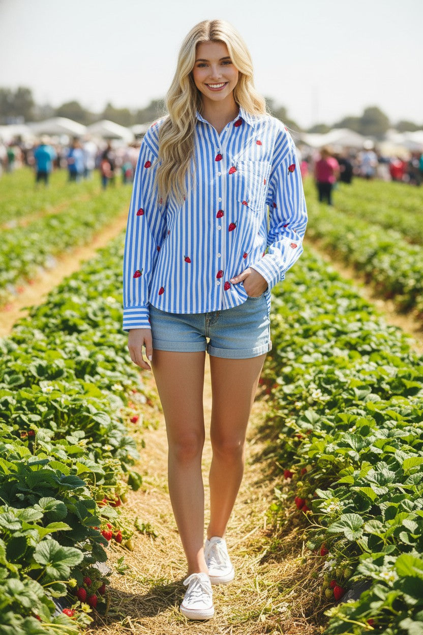 Eleanor Strawberry Embroidery Button Down Blouse in white cotton with playful strawberry embroidery.