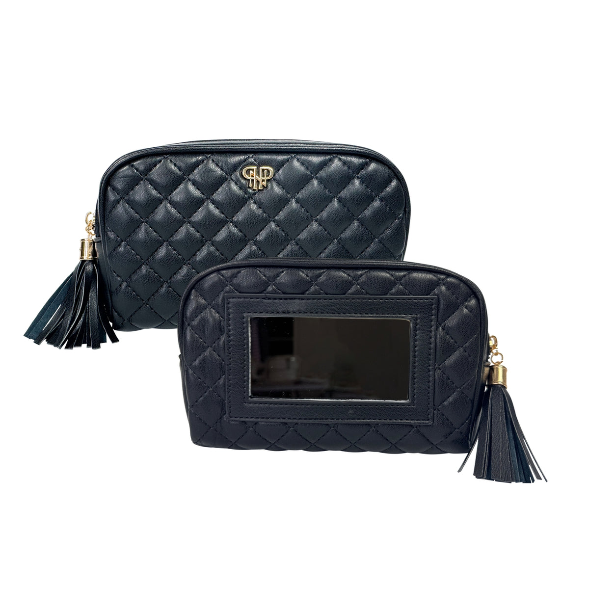 Velvet exterior makeup case with wipeable mirror and two built-in pockets.