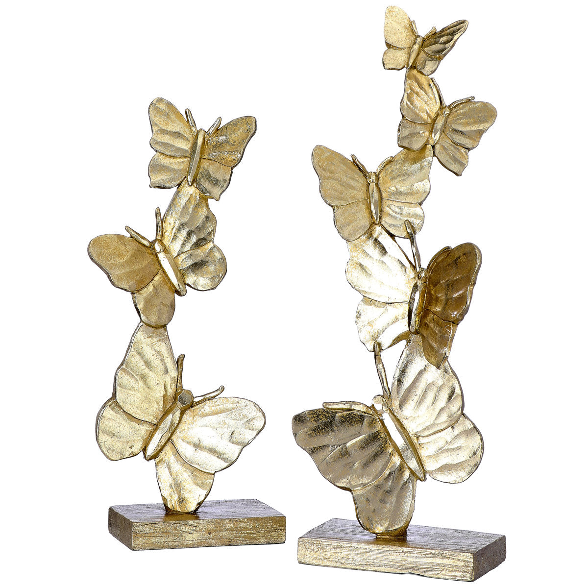 Resin butterfly figurine with colorful wings displayed on a stand.