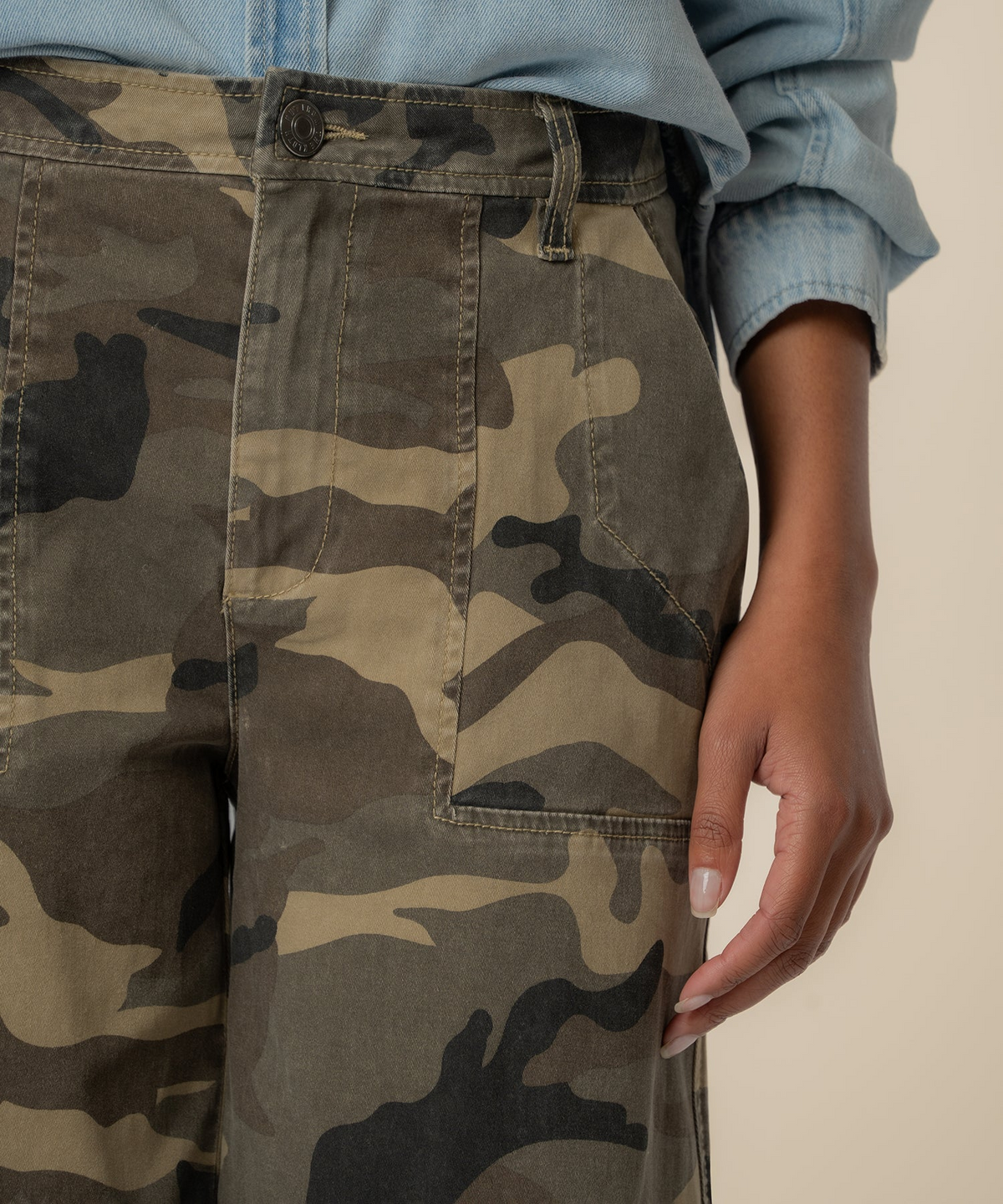 Close-up of Ashton Wide Leg Barrel pants in camo print with porkchop pockets and a high-rise waist.