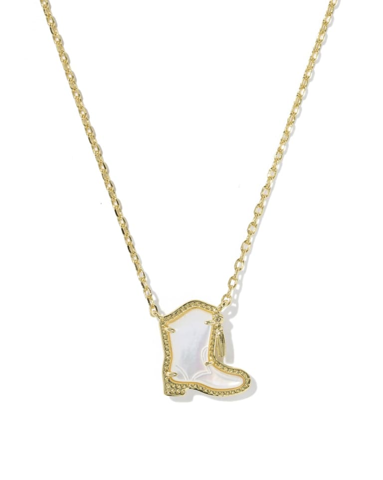 Gold chain necklace with a white mother-of-pearl drill team boot pendant and gold tassel detail.