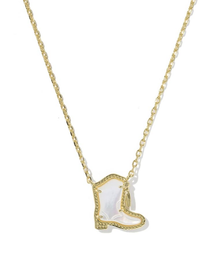 Gold chain necklace with a white mother-of-pearl drill team boot pendant and gold tassel detail.