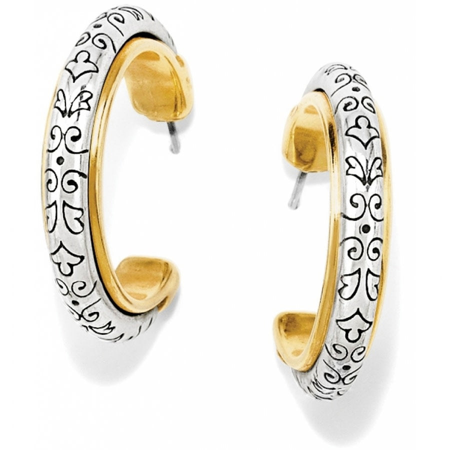 Venezia two-tone hoop post earrings with silver-plated scrollwork and gold-plated inner band.