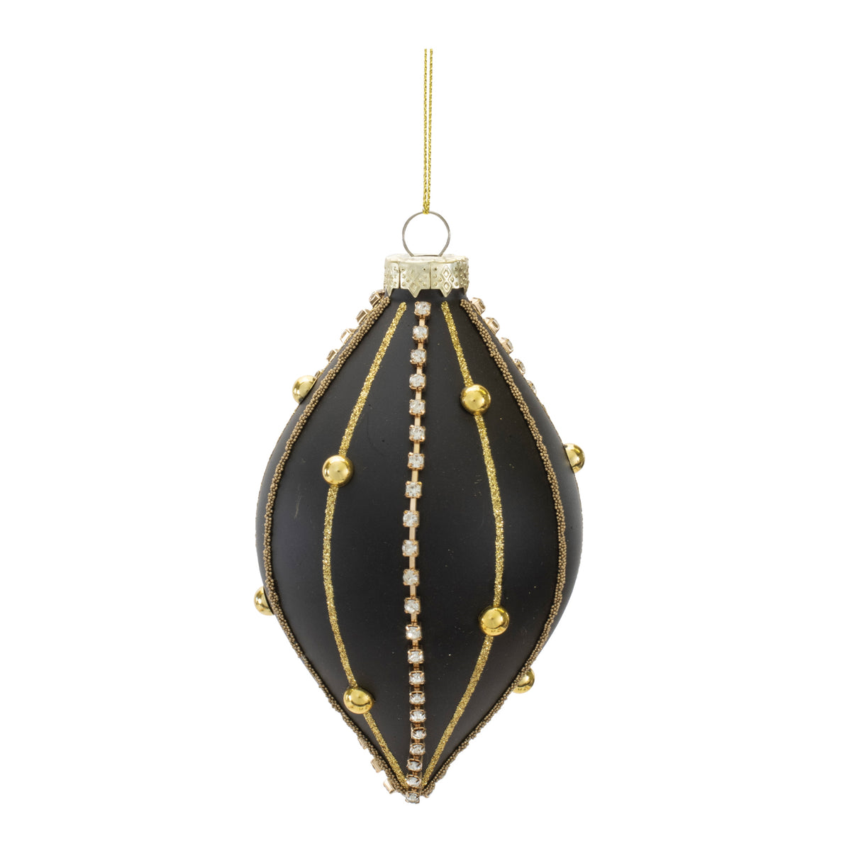 Black teardrop glass ornament with gold glitter stripes, rhinestones, and gold bead accents.