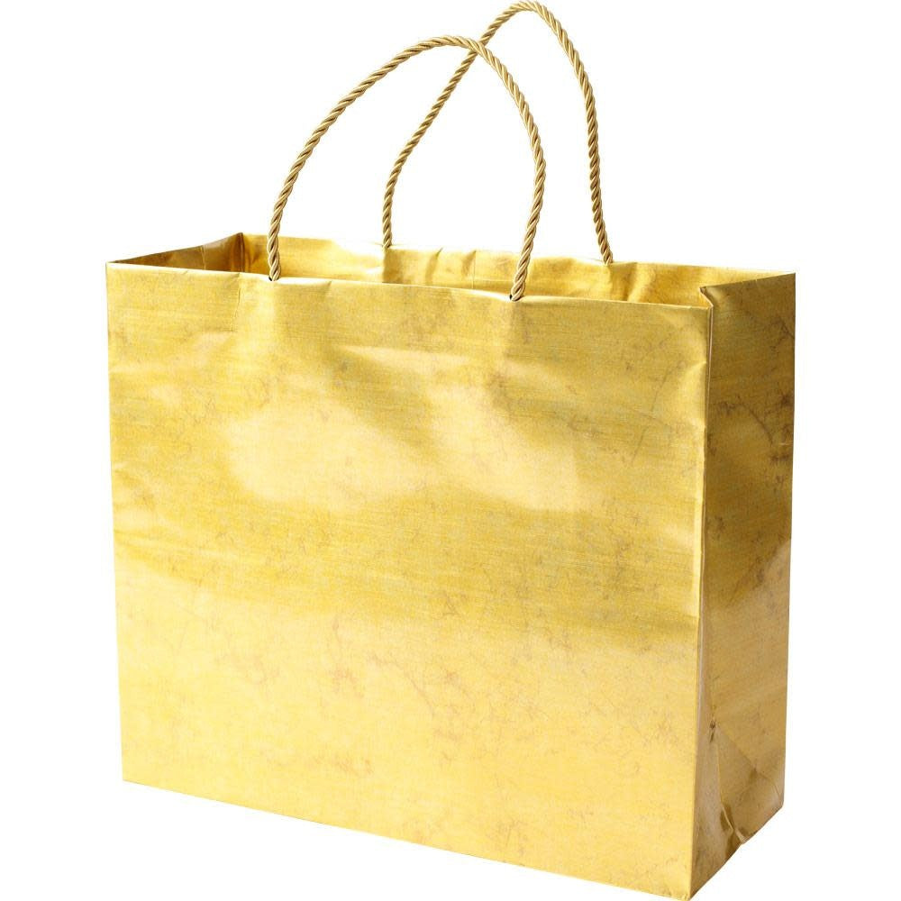 Large horizontal gift bag in antique gold with strong handles.