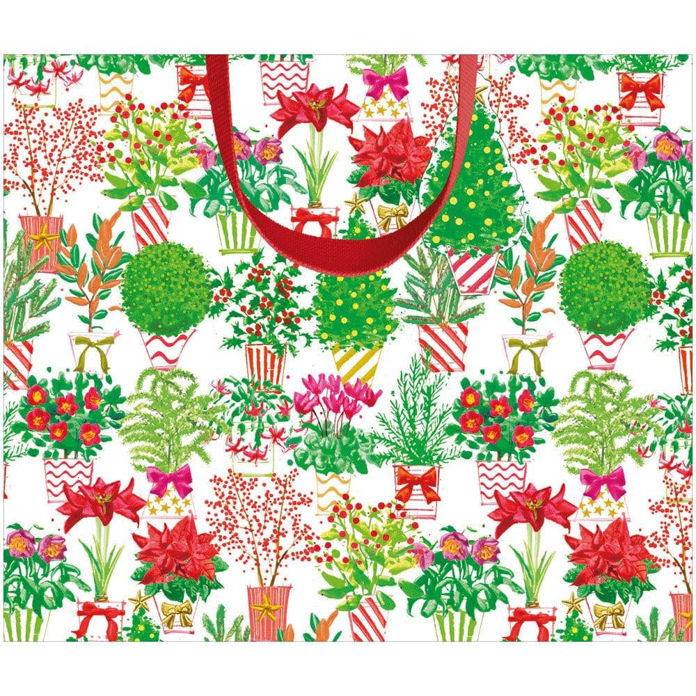 Large horizontal gift bag with cheerful Christmas flower market print on durable paper.