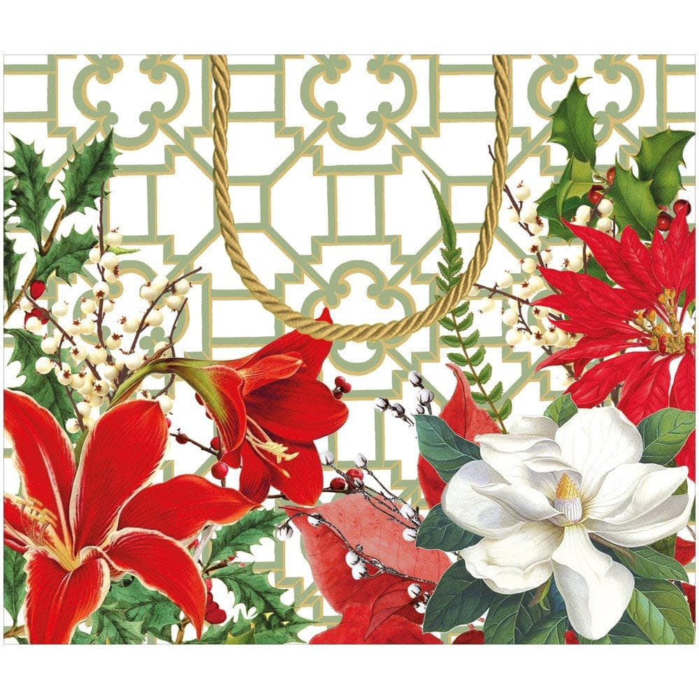 Large horizontal gift bag with cheerful Christmas garden print on durable paper featuring strong handles.