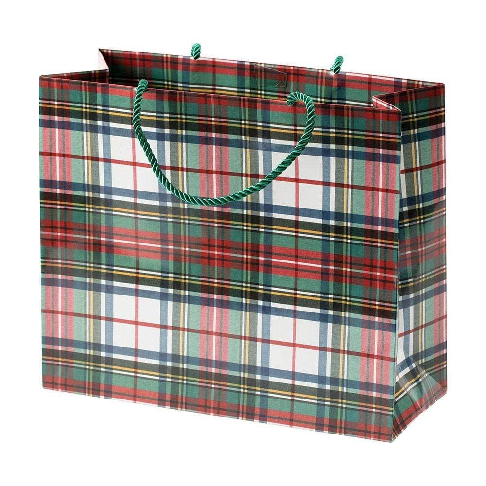 Large horizontal gift bag in white with a tartan dress print pattern.