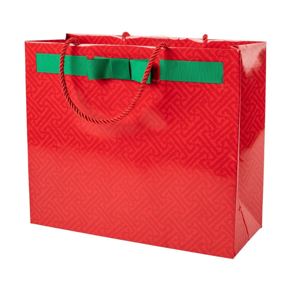 Large horizontal red gift bag with fretwork art print featuring black geometric patterns on durable paper.