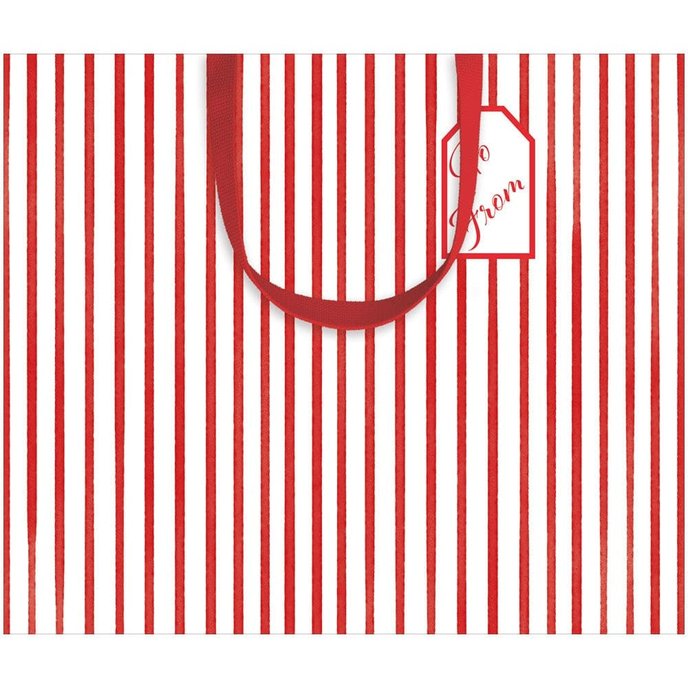 Large horizontal gift bag with red and white stripes pattern on durable paper.