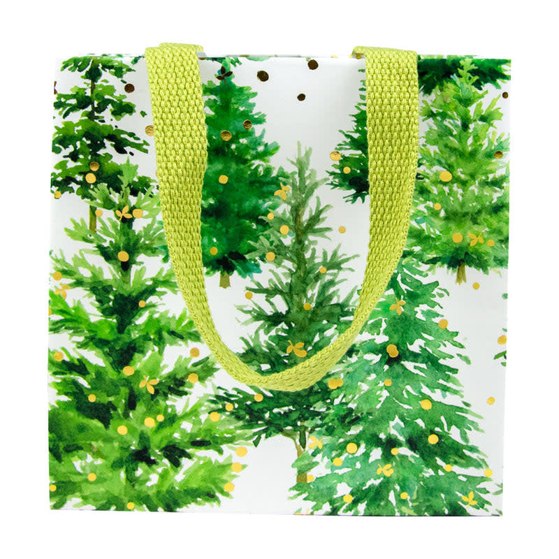 Small white gift bag with Christmas tree print and strong handles