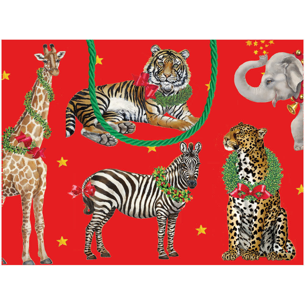 Small red gift bag with white wild Christmas print and strong handles.