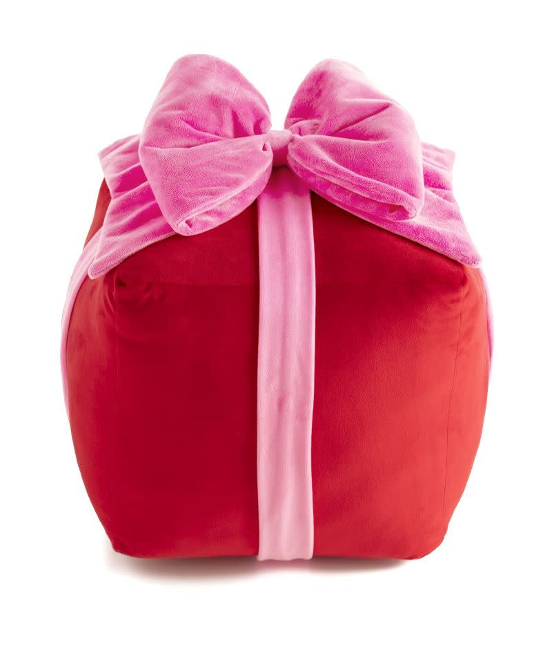 Large square red gift box pillow with festive vibrant color