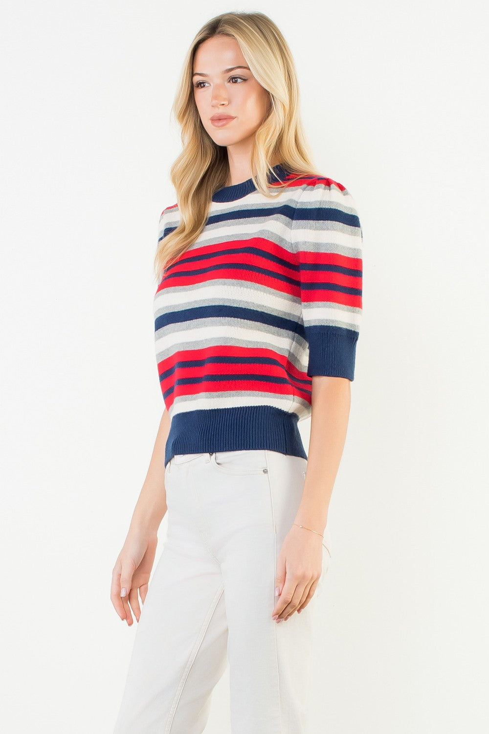 Charlene short sleeve knit top in multi-color viscose nylon polyester blend with relaxed silhouette.