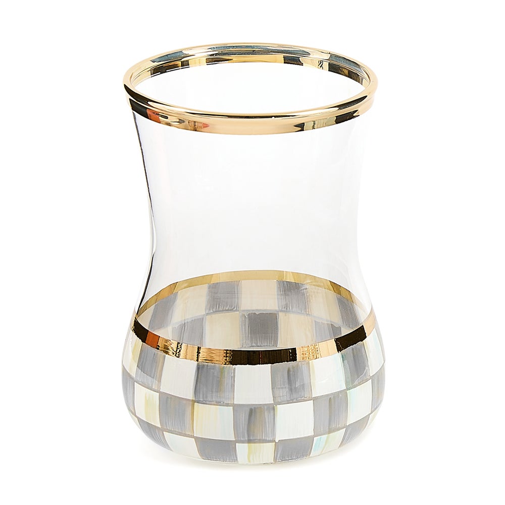 Hand-painted checkered glass tea cup with gold lustre embellishment