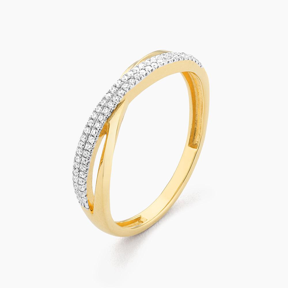 Gold plated sterling silver crisscross stackable ring with two rows of pavé diamonds.