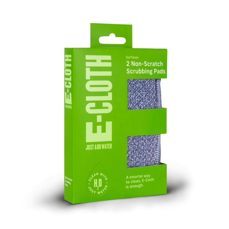 Box of two E-Cloth Non-Scratch Scrubbing Pads for cleaning cookware and cooktops with just water.