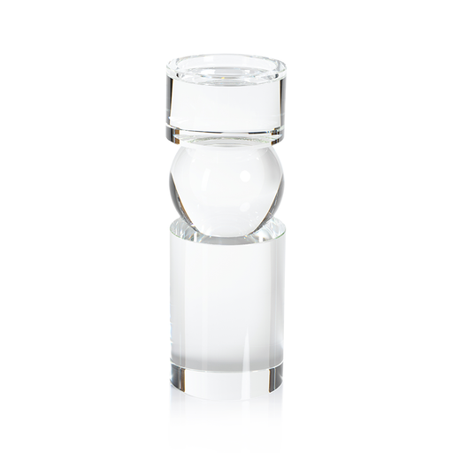 Tall clear crystal pillar holder with a cylindrical shape.