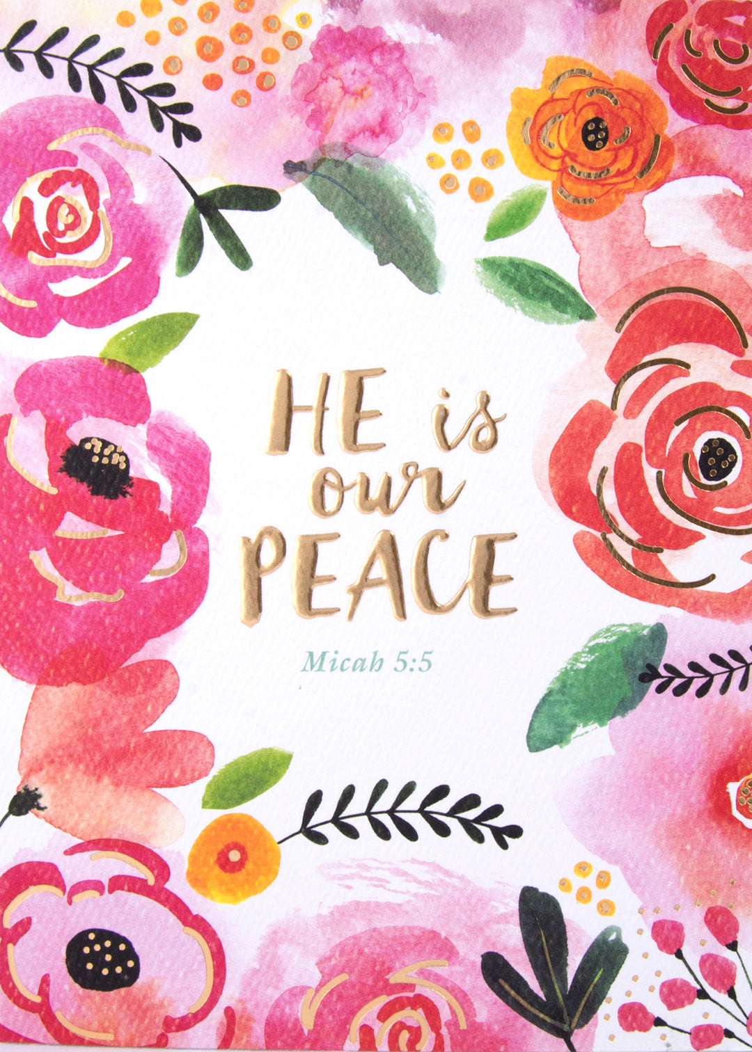 He Is Our Peace Card with watercolor floral design and gold lettering.