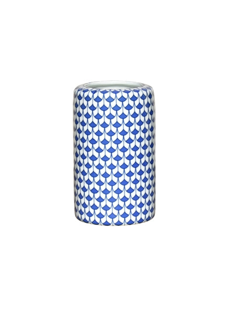 Blue porcelain fish scale pencil holder with white accents in a compact square shape.