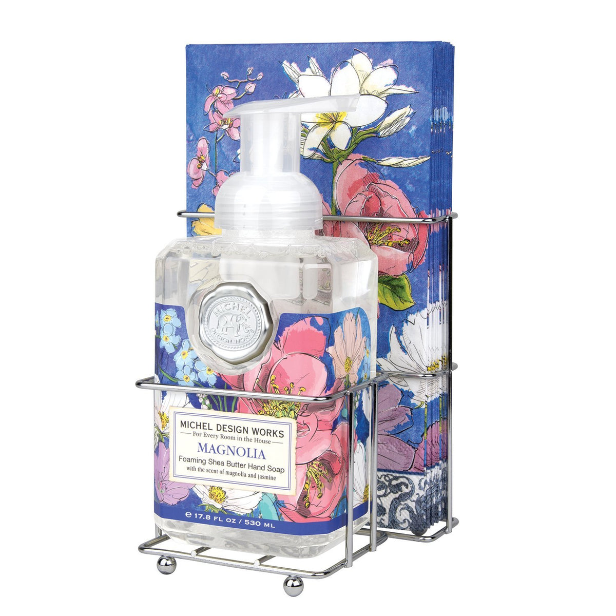 Foaming soap dispenser with matching napkin holder in a compact countertop set