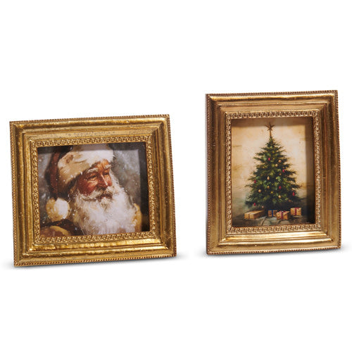 Framed resin art featuring a gilded Christmas tree with glowing lights on a dark background.