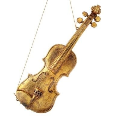 Gold gilded plastic violin ornament with elegant detailing