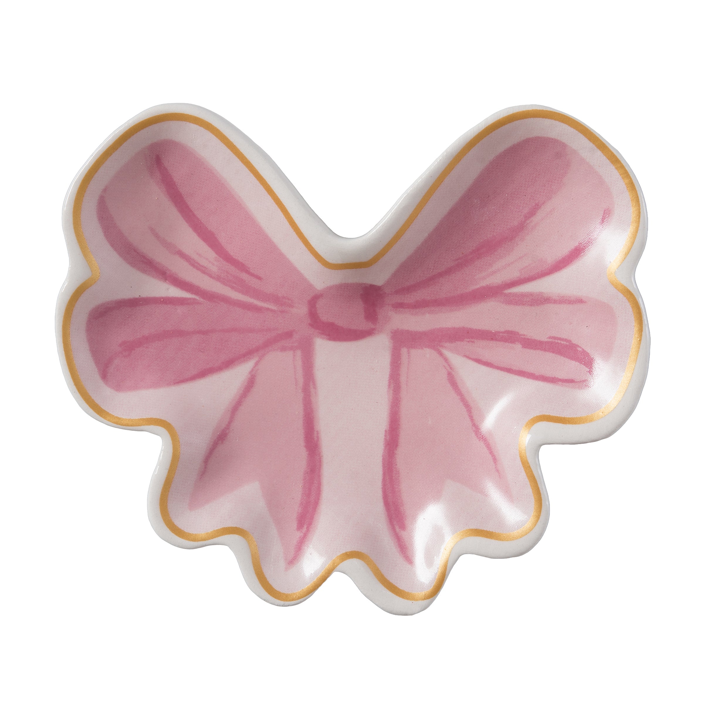 Ceramic trinket dish with a glossy finish featuring an embossed bow silhouette on top.
