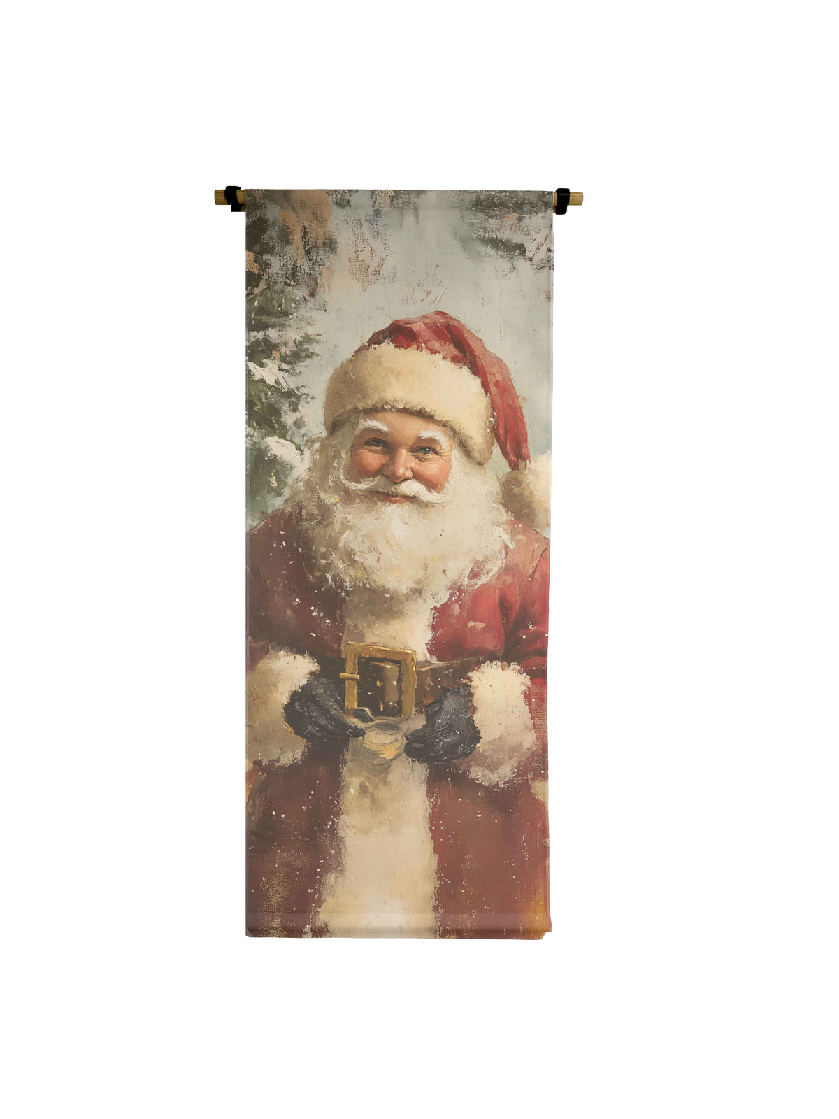 Vertical canvas scroll with raw natural finish featuring a time-worn aesthetic.