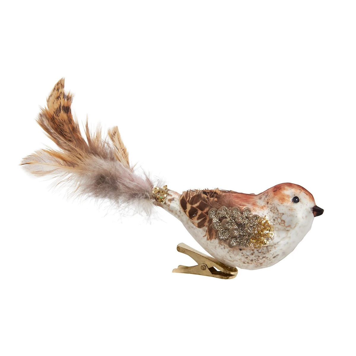 Glass brown bird clip-on ornament with real feathers and gold sequin accents.