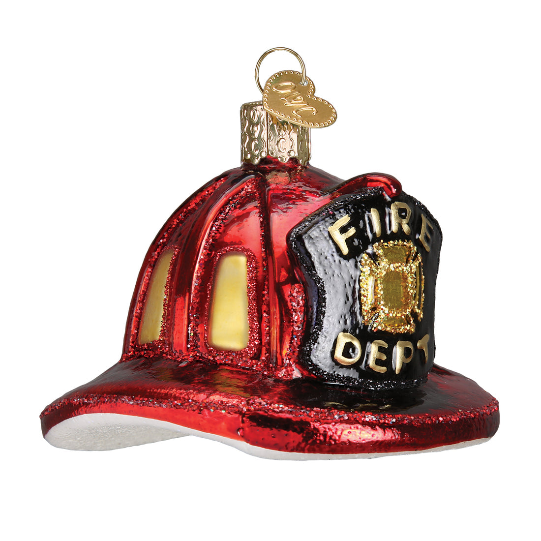 Red glittery glass fireman's helmet ornament with a black shield reading FIRE DEPT.