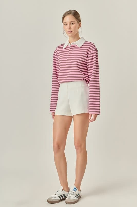 Pink and brown striped Gina rugby polo shirt with collar buttons in relaxed fit