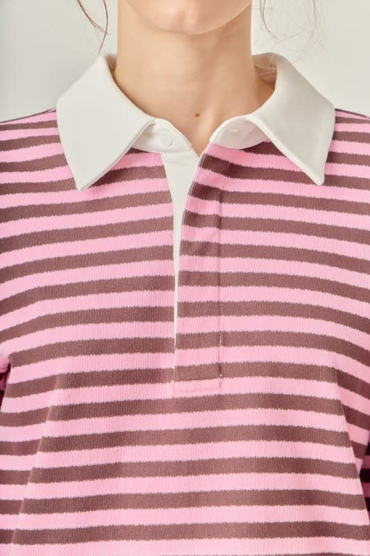 Pink striped rugby polo shirt with collar buttons in soft knit fabric