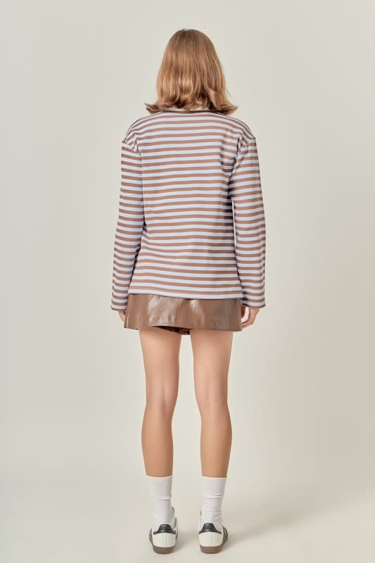 Back view of a powder blue Gina Rugby polo shirt with brown stripes, long sleeves, and drop shoulders.