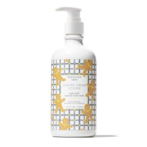 Beekman 1802 Ginger Cream Cookie goat milk hand and body wash in a white pump bottle.