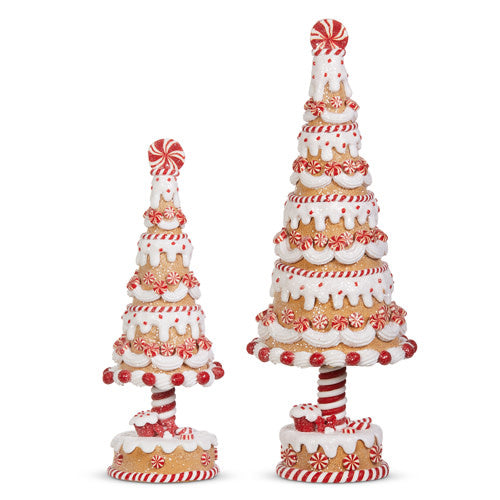 Clay dough gingerbread tree with peppermint accents on a metal stand.