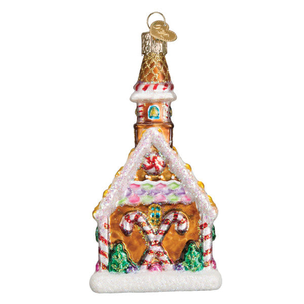 Gingerbread church ornament with white icing windows and a brown roof
