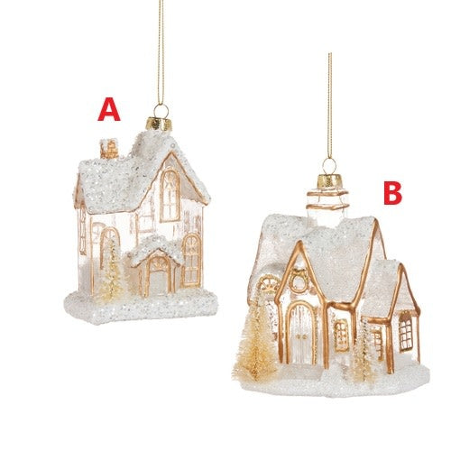 Glass gingerbread house ornament with red roof tiles and white icing trim.