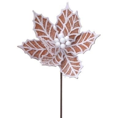 Artificial poinsettia stem with gingerbread-patterned accents on a 24-inch branch.