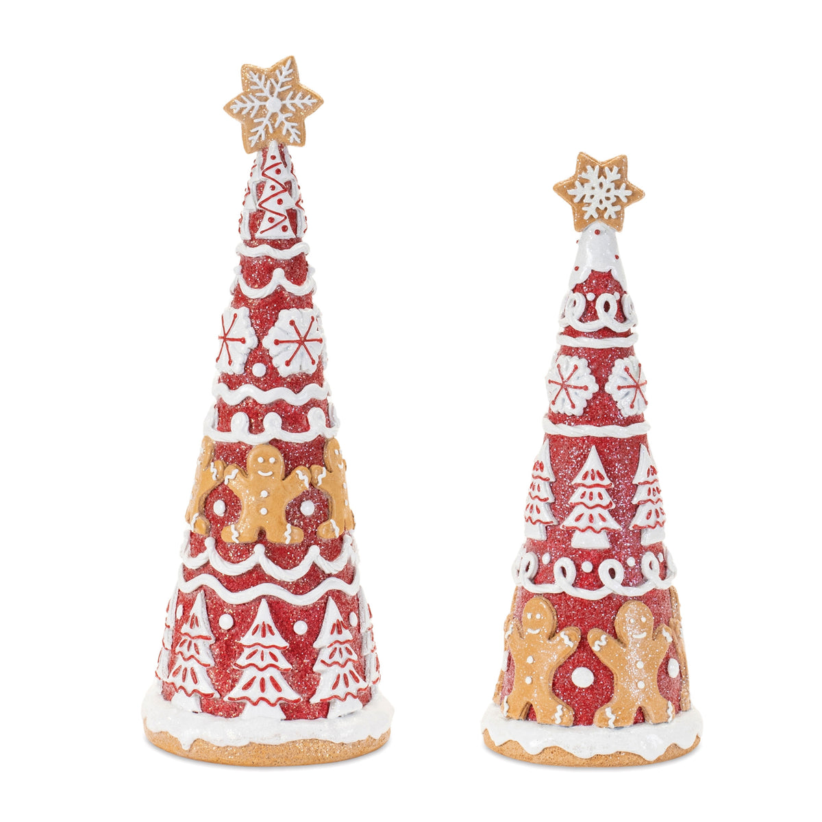 Resin gingerbread tree form in dark brown with white trim standing on a flat base.