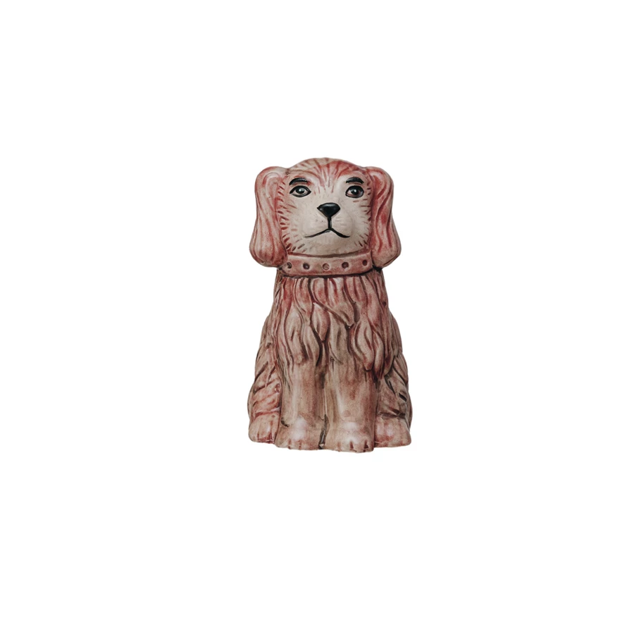 Hand-painted vintage reproduction stoneware dog planter with a brown crackle glaze finish.