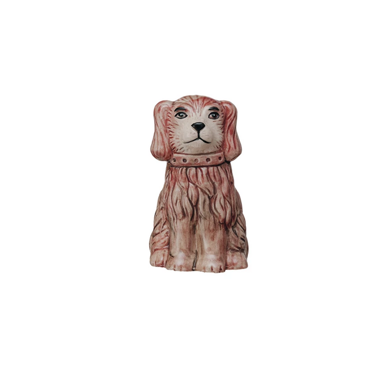 Hand-painted vintage reproduction stoneware dog planter with a brown crackle glaze finish.