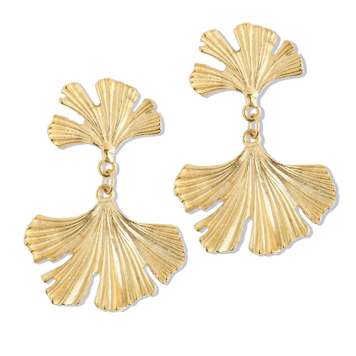 Triple-plated gold Ginkgo Biloba earrings with fanned leaf silhouette connected by a ring