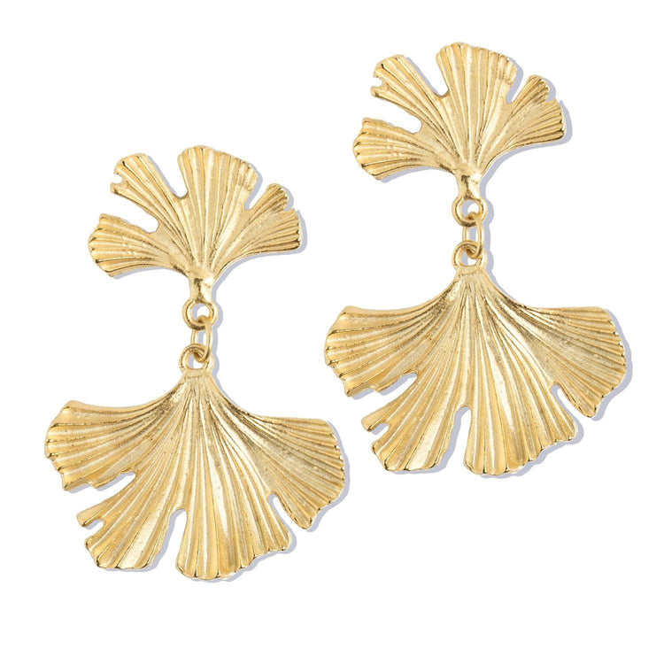 Triple-plated gold Ginkgo Biloba earrings with fanned leaf silhouette connected by a ring